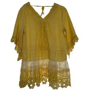 V-Neck Tunic Blouse Yellow Embroidered Crochet Trim Size L Indigo Thread Co.